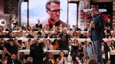 Seth Rogen accepts Best Actor - Comedy award for The Studio. Getty