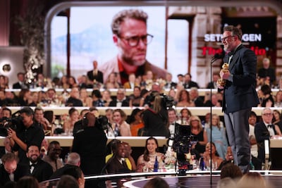 Seth Rogen accepting his Best Actor award for The Studio. Getty Images