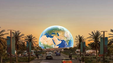 An artist rendering of Sphere Abu Dhabi and its LED-studded screens on Yas Island. Photo: DCT Abu Dhabi