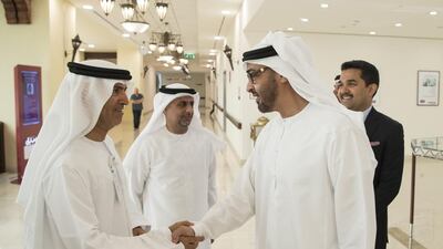 Sheikh Mohamed bin Zayed, Crown Prince of Abu Dhabi and Deputy Supreme Commander of the UAE Armed Forces greets Dr Mugheer Al Khaili, Chairman of Health Authority - Abu Dhabi and Head of Social Development Committee of Abu Dhabi Executive Council, while visiting Burjeel Hospital. Hamad Al Kaabi / Crown Prince Court - Abu Dhabi