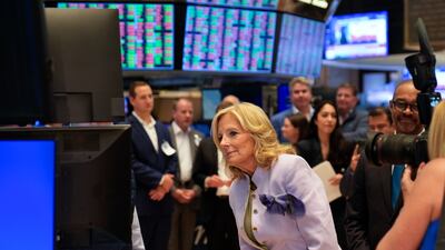 US First Lady Jill Biden visited the New York Stock Exchange last week. Technology stocks helped fuel a rally on Friday to cap off an uneven trading week. AP