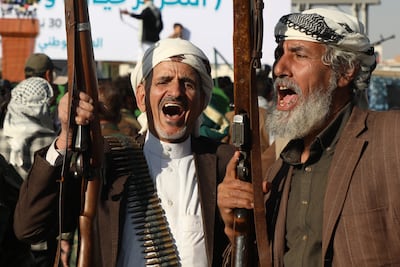 Houthi supporters shout slogans as they celebrate independence day, marking the end of British rule in South Yemen in 1967, in Sanaa, Yemen, Sunday, Nov. 30, 2025. (AP Photo / Osamah Abdulrahman)