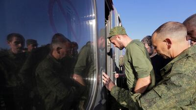 Russian recruits at a station in Prudboi, Russia. They are being told sanitary products are a cost-effective solution to a lack of first aid kits, says the UK. AP