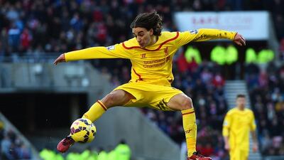 Lazar Markovic of Liverpool strikes a volley onto the crossbar for the lone goal in his side's 1-0 Premier League victory over Sunderland at the Stadium of Light on Saturday. Michael Regan / Getty Images
