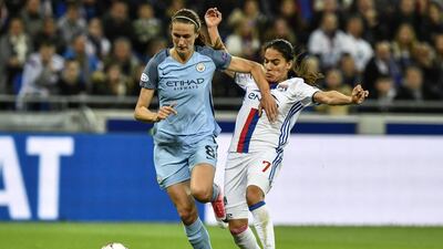 Manchester City midfielder Jill Scott vies with Lyon’s Amel Majri during the Uefa Women’s Champions League semi-final at the Parc Olympique Lyonnais stadium in Decines-Charpieu, France, on April 29, 2017. Jeff Pachoud / AFP Photo