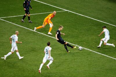 Croatia's Ivan Rakitic scores their third goal against Argentina. Carlos Barria / Reuters