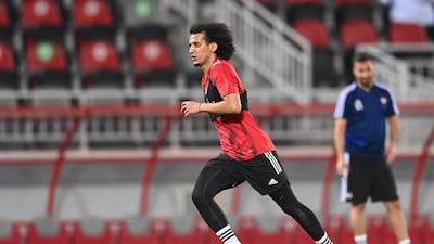 UAE playmaker Omar Abdulrahman trains at the Abdullah bin Khalifa Stadium in Doha ahead of the national team's 2022 World Cup play-off against Australia on Tuesday. Photo: UAE FA