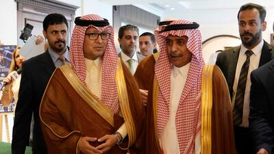 Saudi Arabia's permanent representative to the Arab League Abdulrahman bin Saeed Al Jumah, right, and Saudi Ambassador to Lebanon Waleed Bukhari arriving at an Arab League consultative meeting in east Beirut, Lebanon, in July 2022. AP Photo