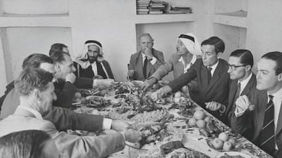 Members of the London Chamber of Commerce are entertained in 1963 by Sheikh Shakhbut, who sits at the head of the table on the left. Ralph Crane / Time Life Pictures / Getty Images