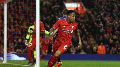 Nathaniel Clyne of Liverpool turns away after scoring the opening goal against Bournemouth in the League Cup on Wednesday night. Chris Brunskill / Getty Images / October 28, 2015