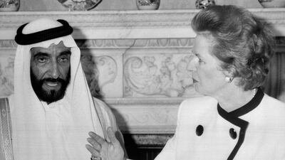 Sheikh Zayed with British prime minister, Margaret Thatcher in 1989. Thatcher would visit the UAE again in the 1990s. Press Association