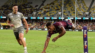Queensland Reds' Filipo Daugunu scores a try during the Super Rugby match between the and the Chiefs at Queensland Country Bank Stadium on Sunday, May 29. Getty