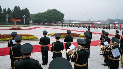 Sheikh Mohamed bin Zayed, Crown Prince of Abu Dhabi and Deputy Supreme Commander of the Armed Forces (back L), attends a reception hosted by Xi Jinping, President of China (not shown), at the Great Hall of the People in Beijing, China on July 22, 2019. Hamad Al Mansoori for the Ministry of Presidential Affairs