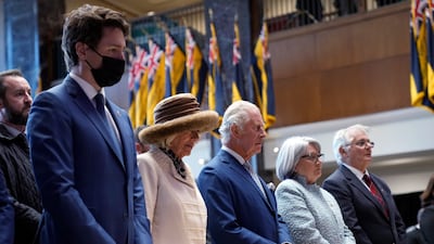 Prime Minister Justin Trudeau, left, stands next to Camilla, Duchess of Cornwall, Prince Charles, Governor General Mary Simon and her husband Whit Fraser, as they attend a welcoming ceremony in St John's. AP