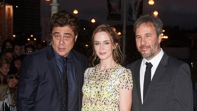 Benicio del Toro, Emily Blunt, in Giambattista Valli, and Denis Villeneuve attend the 'Sicario' premiere at the Victoria Eugenia Theatre during the 63rd San Sebastian International Film Festival on September 19, 2015 in San Sebastian, Spain. Getty Images