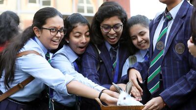 Pupils of grade 10 at IHS spend time with pets on campus. Pawan Singh / The National