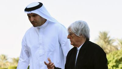 H. E. Khaldoon Al Mubarak Abu Dhabi Executive Affairs Authority and Bernie Ecclestone CEO Formula One Group. Courtesy Sutton Motorsport Images