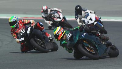 Abdulaziz Binladin, right, rallied after starting back in the grid to win in the UAE Sportbikes on Saturday. Courtesy Dubai Autodrome