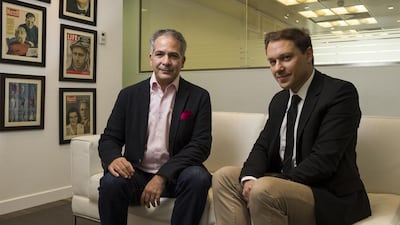 Remy Oudghiri, the director of trends and insights at IPSOS, right, and Julien Hawari, the chief executive of Mediaquest that is organising the first Arab Luxury World conference. Antonie Robertson / The National