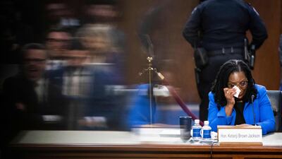Judge Ketanji Brown Jackson wipes away tears as she appears before the Senate Judiciary Committee on her nomination to be an Associate Justice on the US Supreme Court, in Washington. AFP