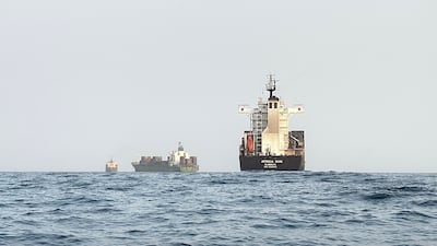 Container ships anchored near the Bab Al Mandeb strait off Yemen's coast. AFP