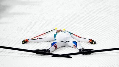 Jarl Magnus Riiber of Norway reacts after the finish of the Men’s Individual 10km Final. Kai Pfaffenbach / Reuters