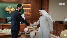 Syrian President Ahmad Al Shara with Mohamed Alabbar, founder of Emaar Properties. Photo: Sana Al-Abbar is an Emirati businessman known for founding Emaar Properties, a real estate development company involved in projects such as the Burj Khalifa and the Dubai Mall.