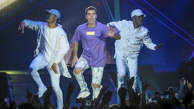 Justin Bieber at Antwerps Sportpaleis on his Purpose World Tour. Flanked by dancers and DJs, the pop star will bring continuous entertainment. Pieter-Jan Vanstockstraeten / Photonews via Getty Images