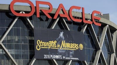 The Golden State Warriors have installed the team’s 2016 play-off signage, using the Strength in Numbers slogan seen at their Oracle Arena home in Oakland, California. (AP Photo/Ben Margot)