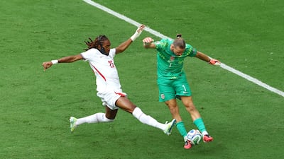 England substitute Djed Spence blocks Norway substitute Orjan Nyland's attempted clearance. Reuters