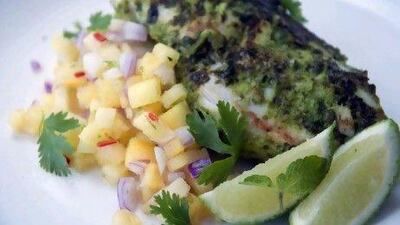 Coriander chicken with pineapple salsa.