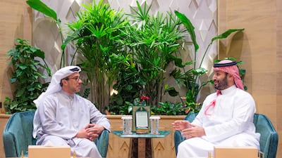 Saudi Crown Prince, Mohammed bin Salman meets UAE Vice President and Deputy Prime Minister, Sheikh Mansour bin Zayed. Photo: Courtesy of Saudi Royal Court