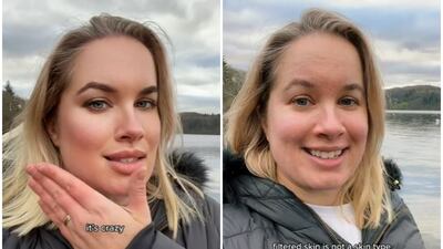 A before-and-after look of TikTok's Bold Glamour effect. Photo: joannajkenny / TikTok