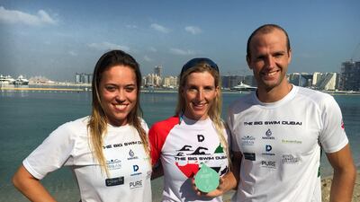 Lottie Lucas, Kieran Ballard-Tremer and Brett Hallam swam 85km to raise awareness about single-use plastic pollution through the Drop it #rethinkplastic campaign. Courtesy Goumbook