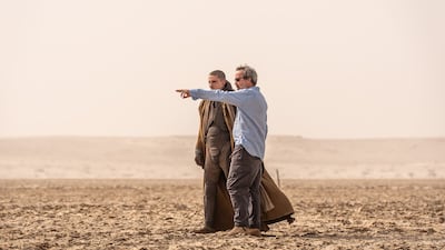 Director Denis Villeneuve and Timothee Chalamet on location in Abu Dhabi’s Liwa Desert during filming for Dune: Part Three. Photo: AD Film Commission