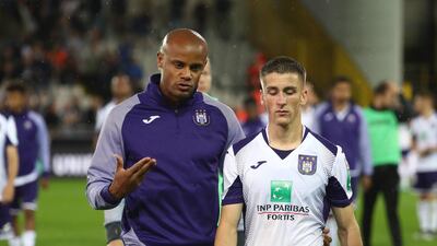 Vincent Kompany and Alexis Saelemaekers after Anderlecht's 2-1 defeat at Club Brugge in September. Getty