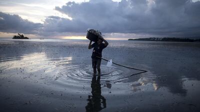Fisherman Melchor Escanor lifts a tub containing his catch on the Philippine island of Boracay on October 27, 2018. Tourists landed by the boatload October 26 on the Philippines' Boracay island, which re-opened with a slew of new rules after a six-month shutdown aimed at undoing the impact of years of being loved to death by millions of holidaymakers. / AFP / NOEL CELIS