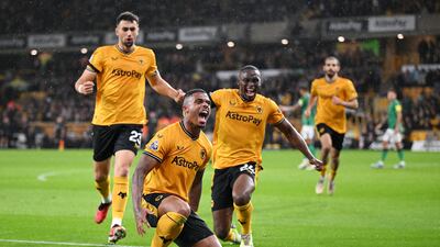 Mario Lemina of Wolverhampton Wanderers celebrates after scoring the team's first goal. Getty Images