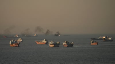 Vessels at the Strait of Hormuz, as seen from Musandam, Oman. Reuters