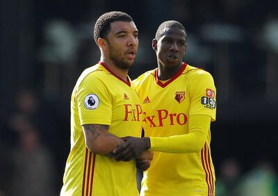 Soccer Football - Premier League - Watford vs AFC Bournemouth - Vicarage Road, Watford, Britain - March 31, 2018 Watford's Troy Deeney and Abdoulaye Doucoure after the match REUTERS/Peter Nicholls EDITORIAL USE ONLY. No use with unauthorized audio, video, data, fixture lists, club/league logos or "live" services. Online in-match use limited to 75 images, no video emulation. No use in betting, games or single club/league/player publications. Please contact your account representative for further details.