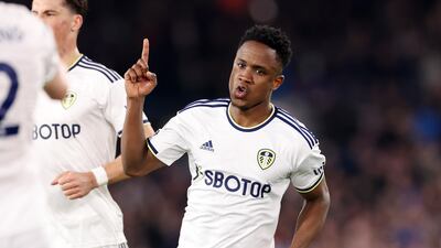 Leeds United's Luis Sinisterra celebrates after scoring his side's second goal in the 2-1 Premier League victory against Nottingham Forest at Elland Road on April 4, 2023. Getty