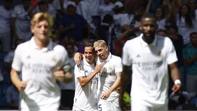 Real Madrid's Federico Valverde, right, celebrates with Lucas Vazquez after scoring. EPA
