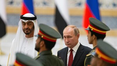 Russian President Vladimir Putin and Abu Dhabi Crown Prince Mohamed bin Zayed attend the official welcome ceremony in Abu Dhabi, United Arab Emirates, on October 15, 2019. Reuters.