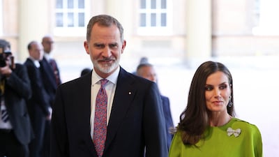 King Felipe VI and Queen Letizia of Spain arrive at the reception. Reuters
