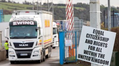 A lorry leaves Larne port, north of Belfast in Northern Ireland, after arriving on a ferry from Stranraer in Scotland, AFP