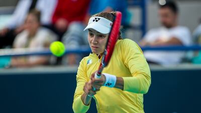 Elena Rybakina on her way to a 4-6, 6-3, 6-3 win over Danielle Collins at Zayed Sports City in Abu Dhabi.
