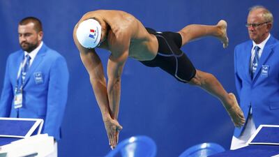 Florent Manaudou of France starts in the men’s 50m freestyle semi-final at the Aquatics World Championships in Kazan, Russia, August 7, 2015. Hannibal Hanschke / Reuters