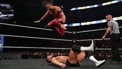 Shinsuke Nakamura could be flying high again on Sunday if he is the winner of the 2018 Royal Rumble. Image courtesy of WWE