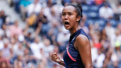 Leylah Fernandez of Canada reacts to winning a point against Elina Svitolina of Ukraine on her way to winning their quarter-final match. EPA