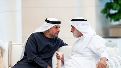 Sheikh Mohamed bin Hamad bin Tahnoon, Adviser to the UAE President, and Retd Maj Gen Khaled Al Mazrouei, Adviser in the Office of the Deputy Supreme Commander of the Armed Forces, attend the meeting. Abdulla Al Bedwawi / UAE Presidential Court